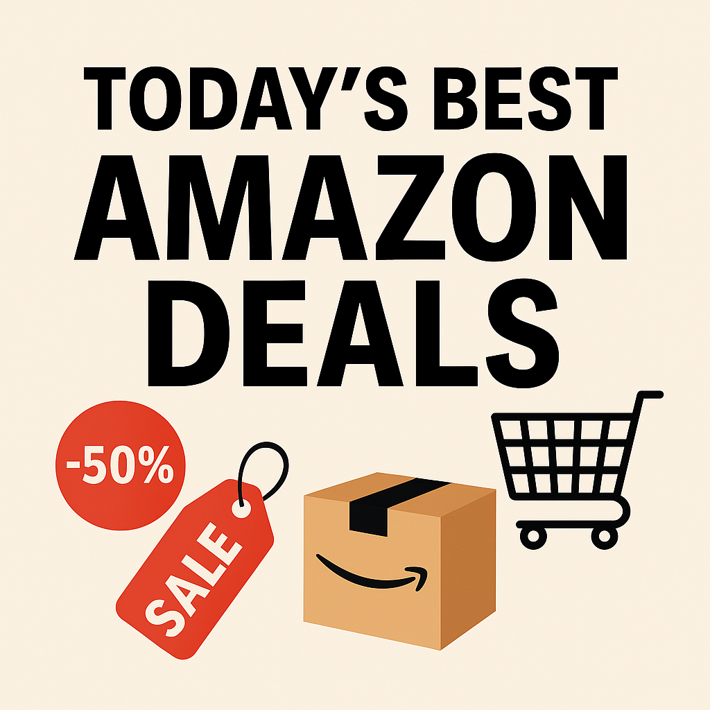 promocional con texto Today’s Best Amazon Deals, carrito de compras, caja de Amazon y etiqueta de descuento -50%.