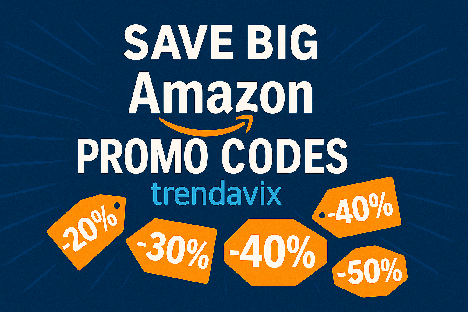 Amazon promo codes 2025 web banner with discount tags from 10% to 50% – Trendavix
