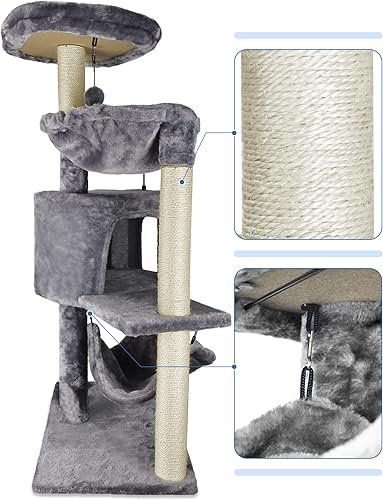 YUNIQUE Cat Tree with Cat Condo and Big Hammock — side view showing full product dimensions