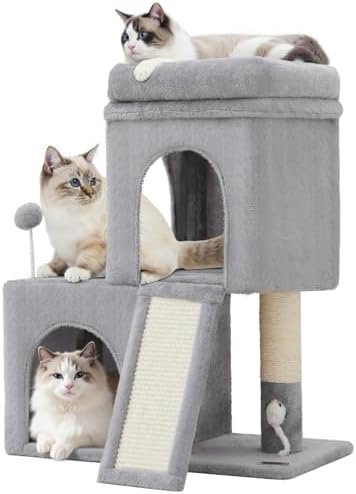 PEQULTI Small Cat Tree Tower for Large Adult Cats with — side view showing full product dimensions
