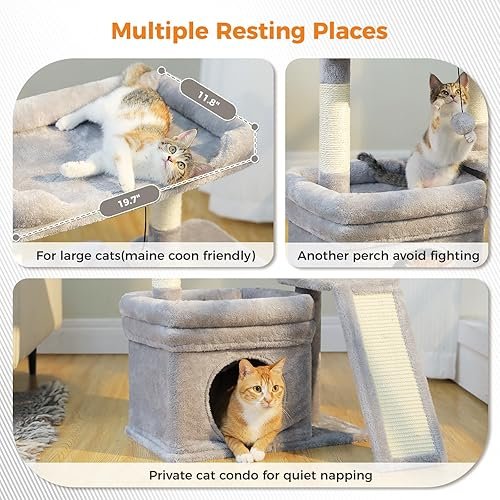 PEQULTI Small Cat Tree Tower for Large Adult Cats with — shown in a real home setting for scale