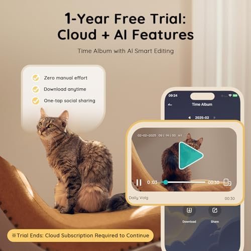 Pet Camera Treat Dispenser [1-Year Trial: Cloud + AI — shown in a real home setting for scale