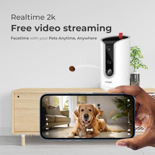 WaggleCam 2K Pet Camera and Treat Dispenser with 360° — shown in a real home setting for scale