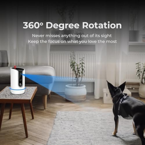 WaggleCam 2K Pet Camera and Treat Dispenser with 360° — top-down angle highlighting key features