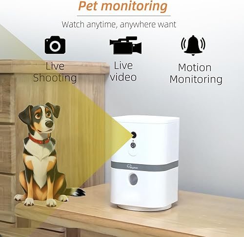 Petalk AI II Dog Camera Automatic Treat Dispenser — shown in a real home setting for scale