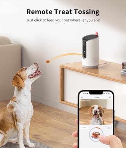 2K Pet Camera Treat Dispenser — shown in a real home setting for scale