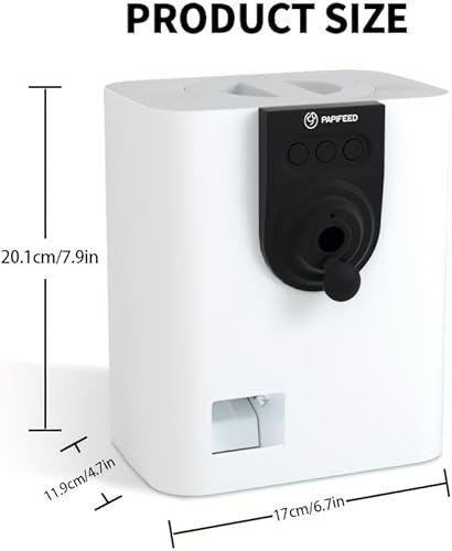 Pet Camera Treat Dispenser — side view showing full product dimensions