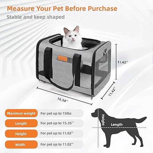 YUNIQUE Soft-Sided Cat & Dog Carrier for Pets Up to 15 — side view showing full product dimensions