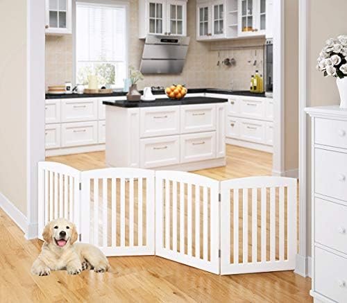 PAWLAND Wooden Freestanding Foldable Pet Gate for Dogs — shown in a real home setting for scale